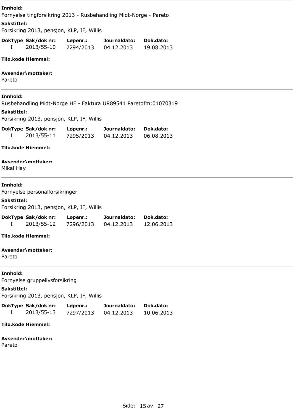 7295/2013 06.08.2013 Mikal Hay Fornyelse personalforsikringer Forsikring 2013, pensjon, KL, F, Willis 2013/55-12 7296/2013 12.06.2013 areto Fornyelse gruppelivsforsikring Forsikring 2013, pensjon, KL, F, Willis 2013/55-13 7297/2013 10.