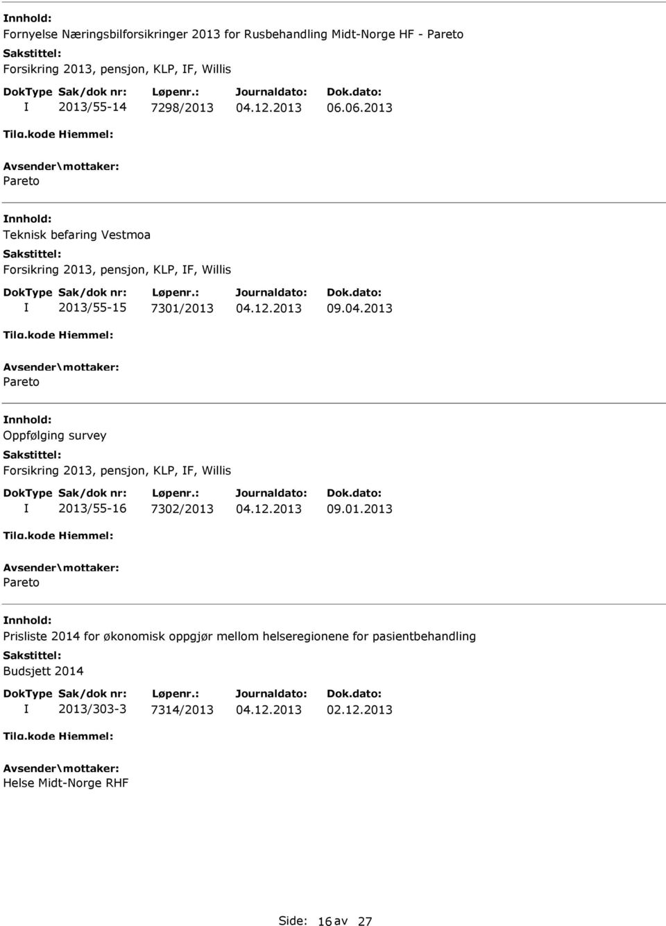 2013 areto Oppfølging survey Forsikring 2013, pensjon, KL, F, Willis 2013/55-16 7302/2013 09.01.2013 areto risliste 2014 for