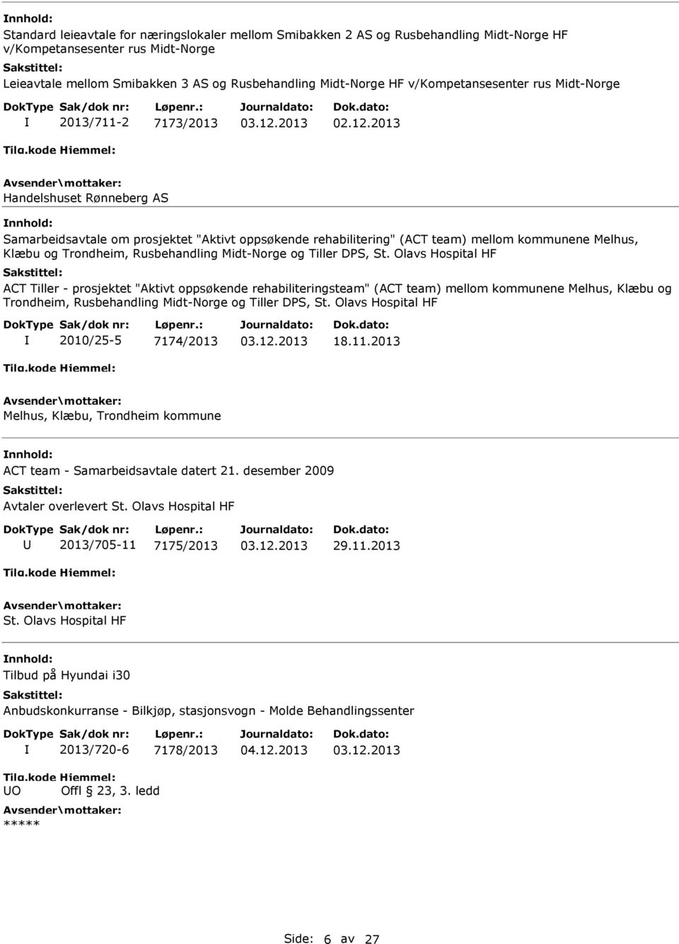 2013 Handelshuset Rønneberg AS Samarbeidsavtale om prosjektet "Aktivt oppsøkende rehabilitering" (ACT team) mellom kommunene Melhus, Klæbu og Trondheim, Rusbehandling Midt-Norge og Tiller DS, St.