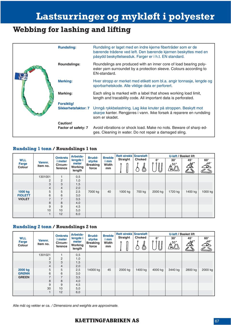 Roundslngs are produced wth an nner core of load bearng polyester yarn surroundet by a protecton sleeve. s accordng to EN-standard. Hver stropp er erket ed etkett so bl.a. angr tonnasje, lengde og sporbarhetskode.