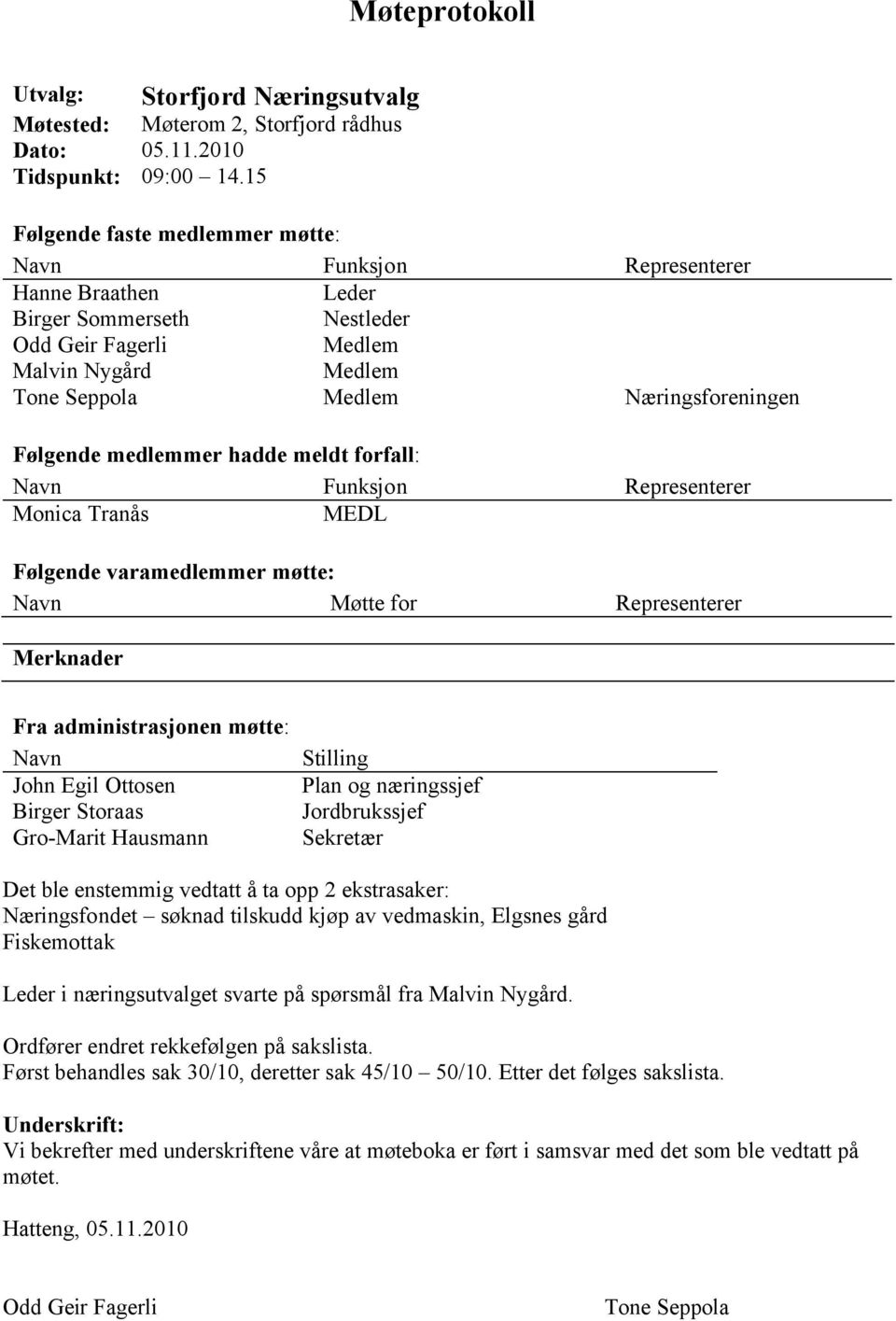 Følgende medlemmer hadde meldt forfall: Navn Funksjon Representerer Monica Tranås MEDL Følgende varamedlemmer møtte: Navn Møtte for Representerer Merknader Fra administrasjonen møtte: Navn John Egil