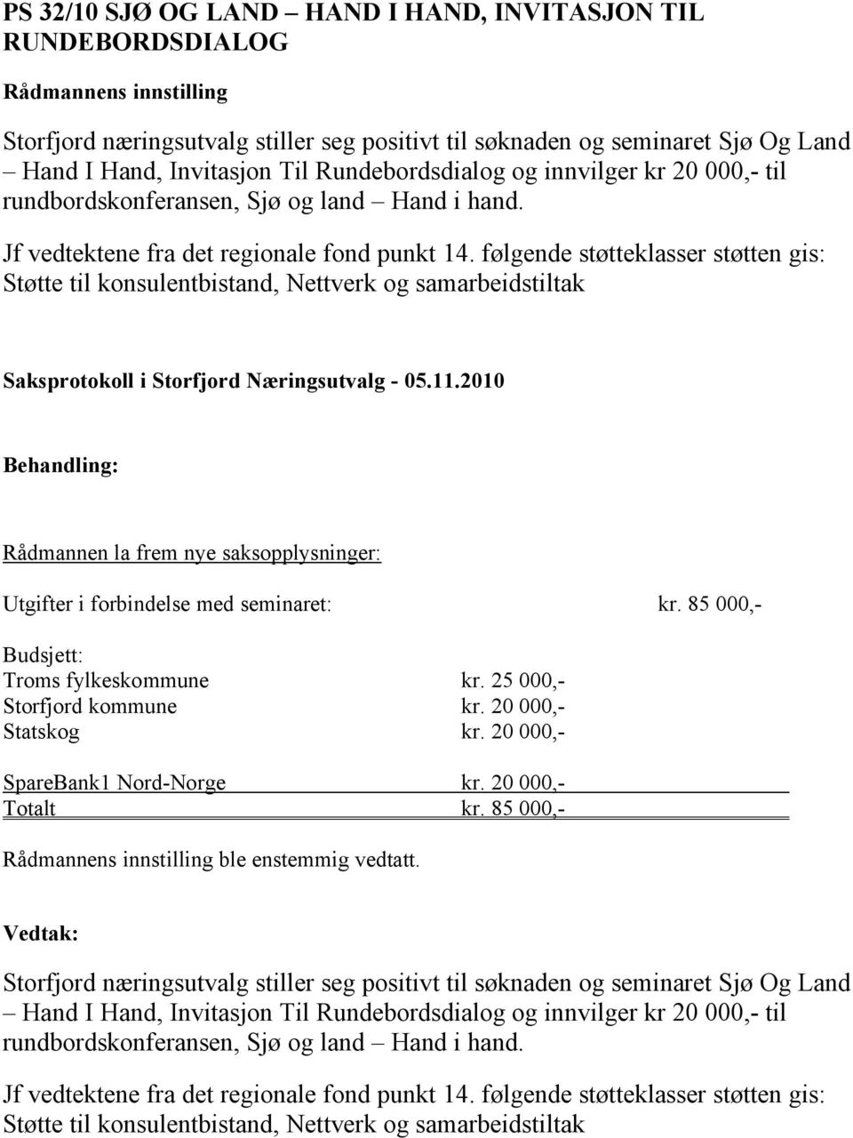 følgende støtteklasser støtten gis: Støtte til konsulentbistand, Nettverk og samarbeidstiltak Rådmannen la frem nye saksopplysninger: Utgifter i forbindelse med seminaret: kr.