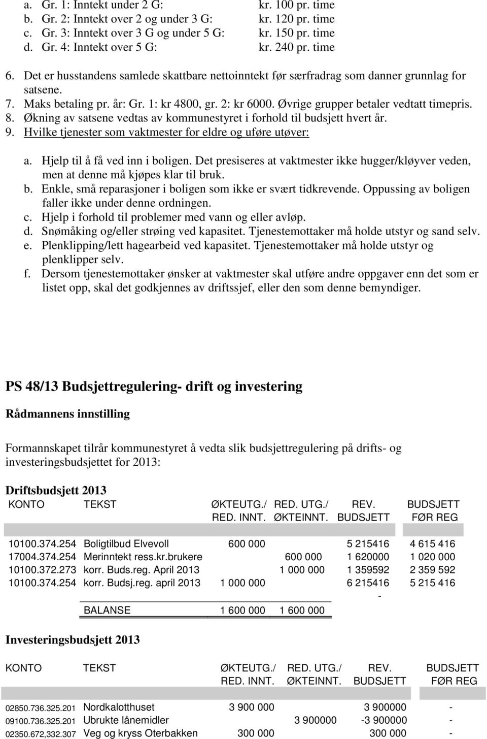 Øvrige grupper betaler vedtatt timepris. 8. Økning av satsene vedtas av kommunestyret i forhold til budsjett hvert år. 9. Hvilke tjenester som vaktmester for eldre og uføre utøver: a.