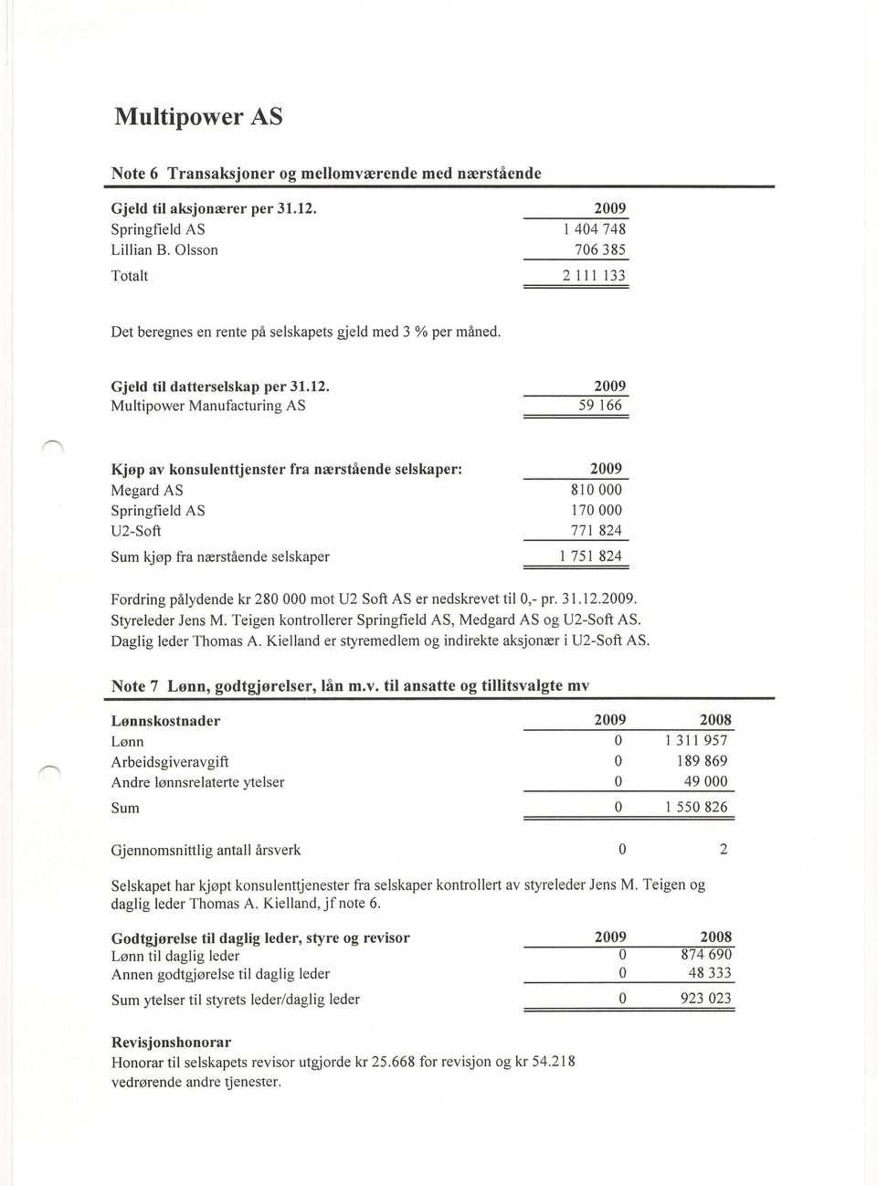 Multipower Manufacturing AS 2009 59 166 Kjøp av konsulenttjenster Megard AS Springfield AS U2-Soft fra nærstående selskaper: 2009 810000 170000 771 824 Sum kjøp fra nærstående selskaper l 751 824