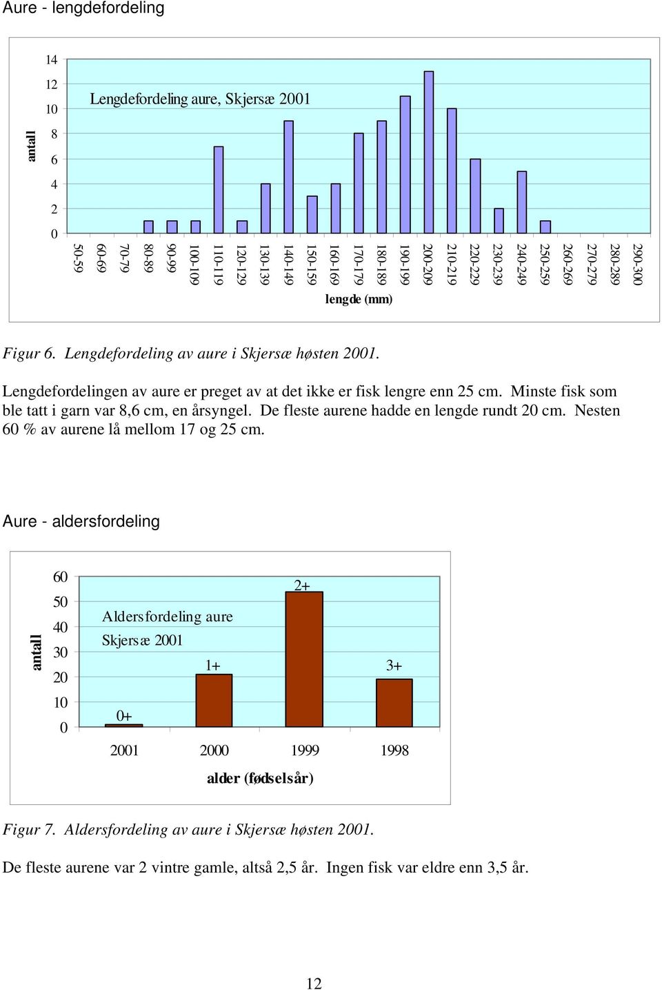 Lengdefordelingen av aure er preget av at det ikke er fisk lengre enn 25 cm. Minste fisk som ble tatt i garn var 8,6 cm, en årsyngel. De fleste aurene hadde en lengde rundt 20 cm.