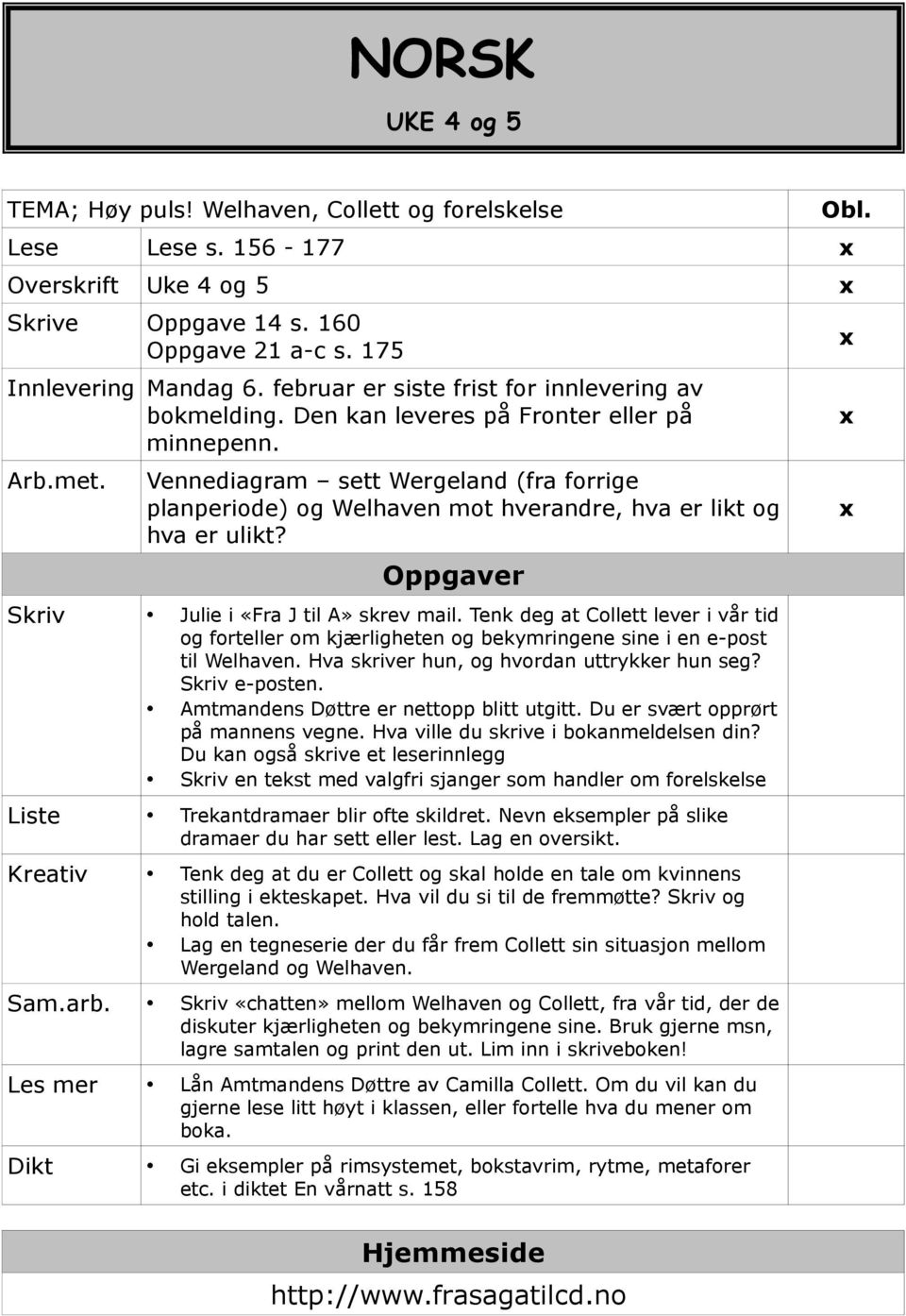 Vennediagram sett Wergeland (fra forrige planperiode) og Welhaven mot hverandre, hva er likt og hva er ulikt? Oppgaver Skriv Julie i «Fra J til A» skrev mail.