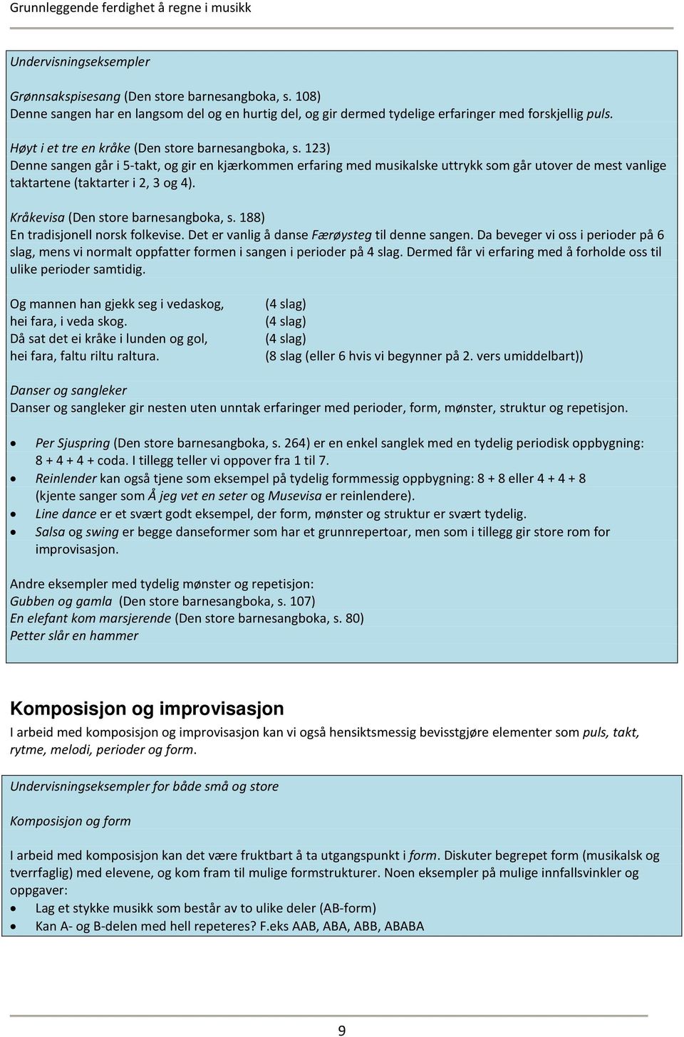 123) Denne sangen går i 5-takt, og gir en kjærkommen erfaring med musikalske uttrykk som går utover de mest vanlige taktartene (taktarter i 2, 3 og 4). Kråkevisa (Den store barnesangboka, s.