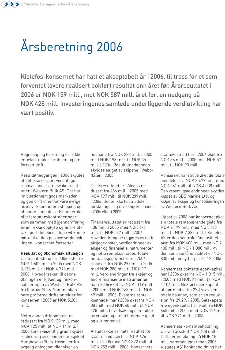 Regnskap og beretning for 2006 er avlagt under forutsetning om fortsatt drift. Resultatnedgangen i 2006 skyldes at det ikke er gjort vesentlige realisasjoner samt svake resultater i Western Bulk AS.