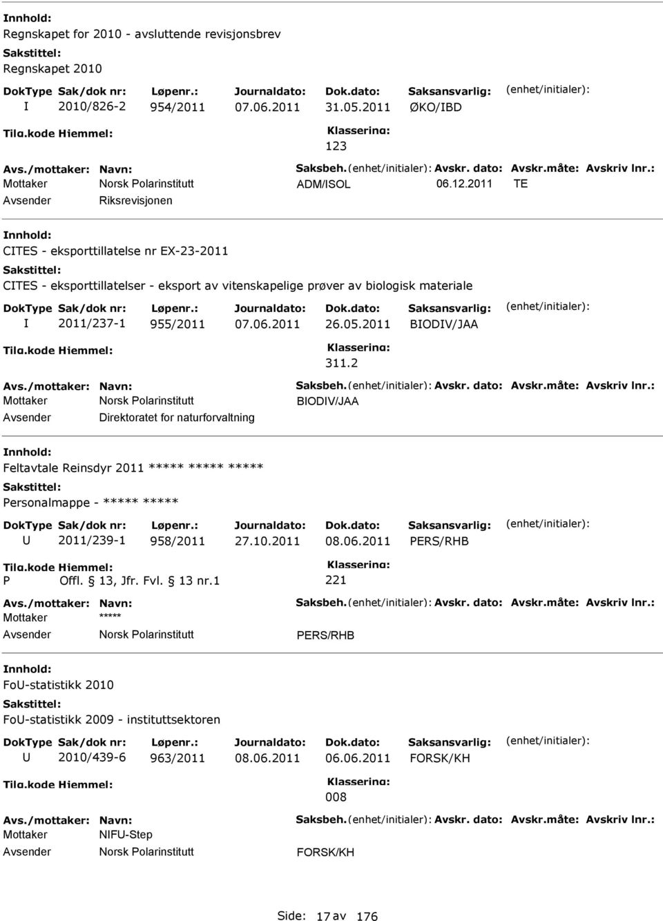 2011 TE Riksrevisjonen CTES - eksporttillatelse nr E-23-2011 CTES - eksporttillatelser - eksport av vitenskapelige prøver av biologisk materiale 2011/237-1 955/2011 07.06.2011 26.05.2011 BODV/JAA 311.