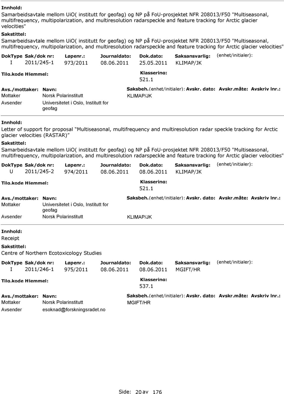 : KLMA/JK niversitetet i Oslo, nstitutt for geofag Letter of support for proposal Multiseasonal, multifrequency and multiresolution radar speckle tracking for Arctic glacier velocities (RASTAR) 