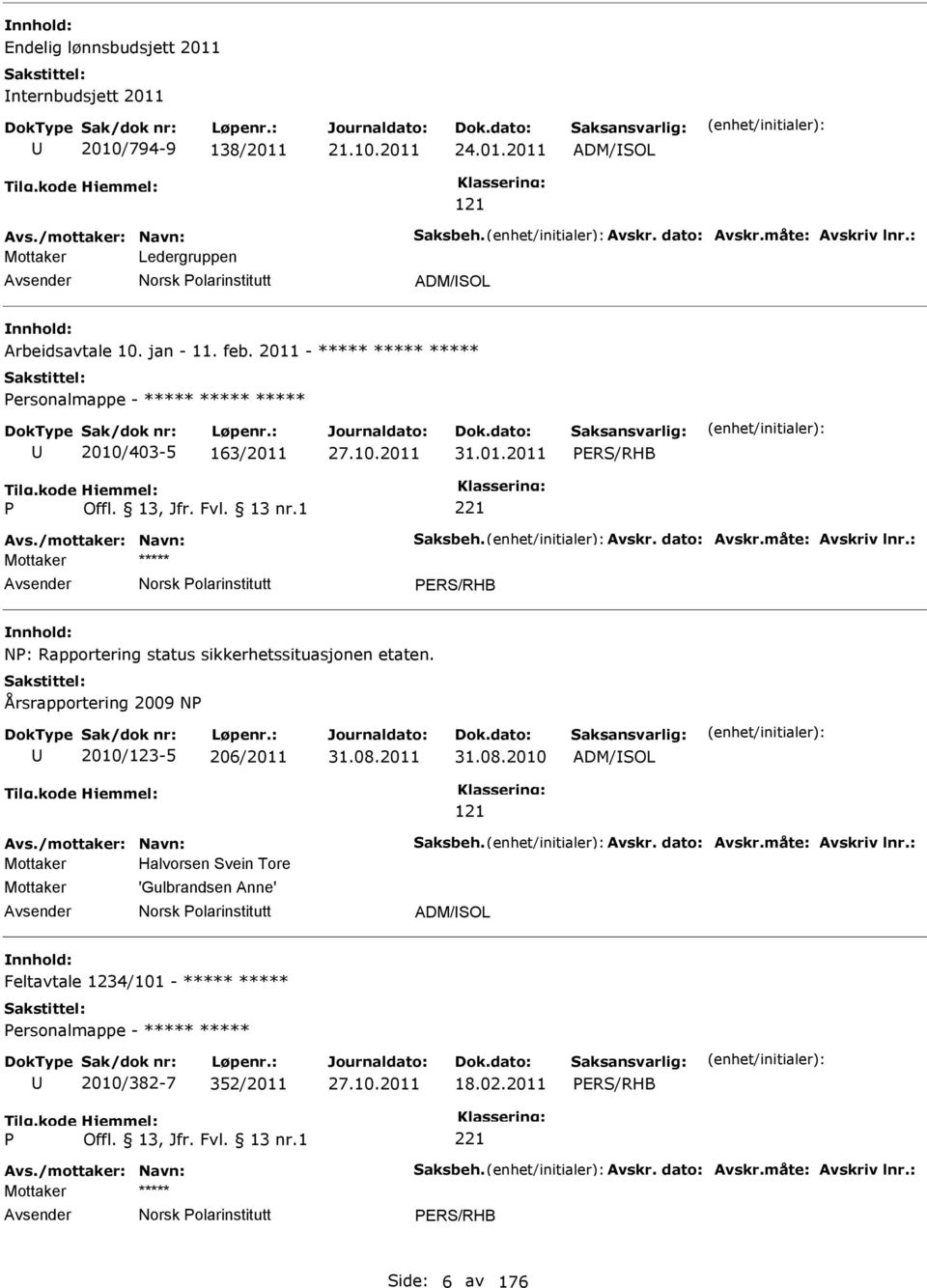 /mottaker: Navn: Saksbeh. Avskr. dato: Avskr.måte: Avskriv lnr.: Norsk olarinstitutt N: Rapportering status sikkerhetssituasjonen etaten. Årsrapportering 2009 N 2010/123-5 206/2011 31.08.