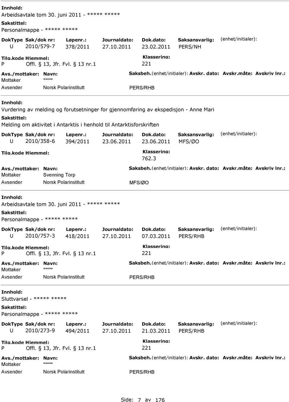 2011 23.06.2011 MFS/ØO 762.3 Avs./mottaker: Navn: Saksbeh. Avskr. dato: Avskr.måte: Avskriv lnr.: Mottaker Svenning Torp Norsk olarinstitutt MFS/ØO Arbeidsavtale tom 30.