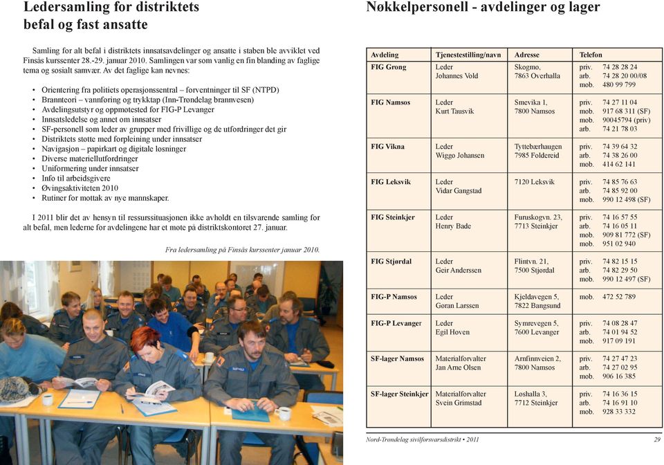 Av det faglige kan nevnes: Orientering fra politiets operasjonssentral forventninger til SF (NTPD) Brannteori vannføring og trykktap (Inn-Trøndelag brannvesen) Avdelingsutstyr og oppmøtested for