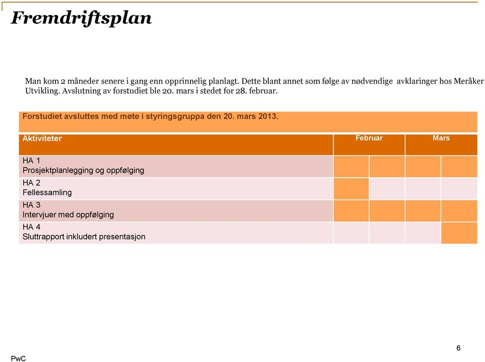 mars i stedet for 28. februar. Forstudiet avsluttes med møte i styringsgruppa den 20. mars 2013.