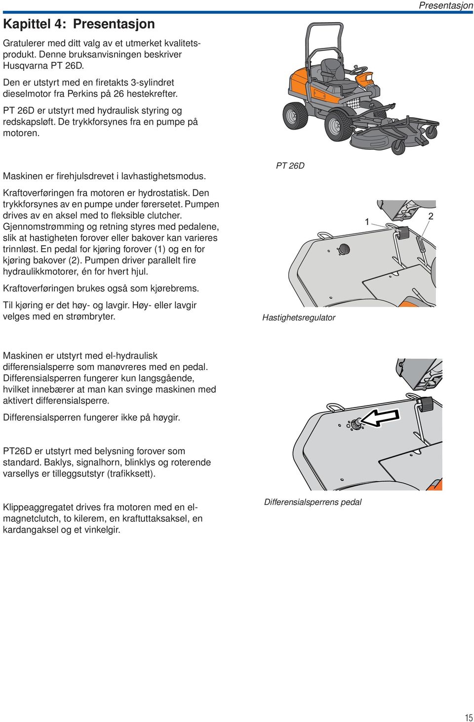 Presentasjon Maskinen er firehjulsdrevet i lavhastighetsmodus. Kraftoverføringen fra motoren er hydrostatisk. Den trykkforsynes av en pumpe under førersetet.