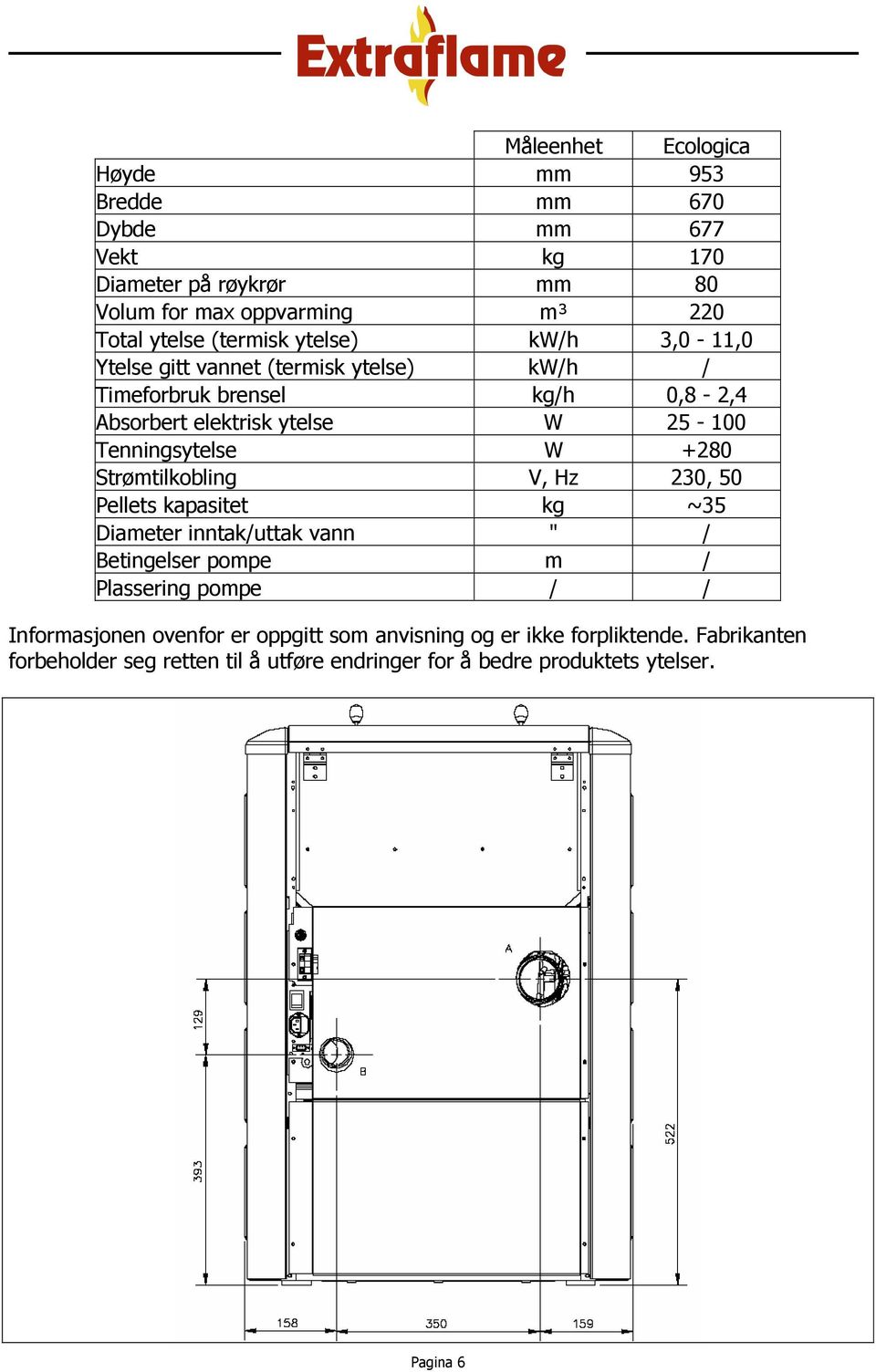 +280 Strømtilkobling V, Hz 230, 50 Pellets kapasitet kg ~35 Diameter inntak/uttak vann " / Betingelser pompe m / Plassering pompe / / Informasjonen