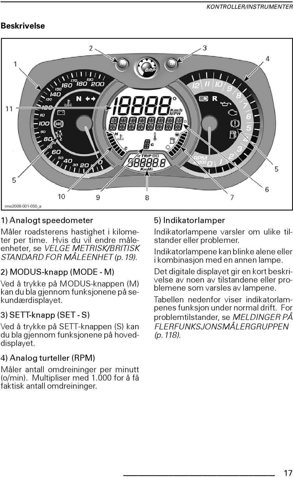 3) SETT-knapp (SET - S) Ved å trykke på SETT-knappen (S) kan du bla gjennom funksjonene på hoveddisplayet. 4) Analog turteller (RPM) Måler antall omdreininger per minutt (o/min). Multipliser med 1.