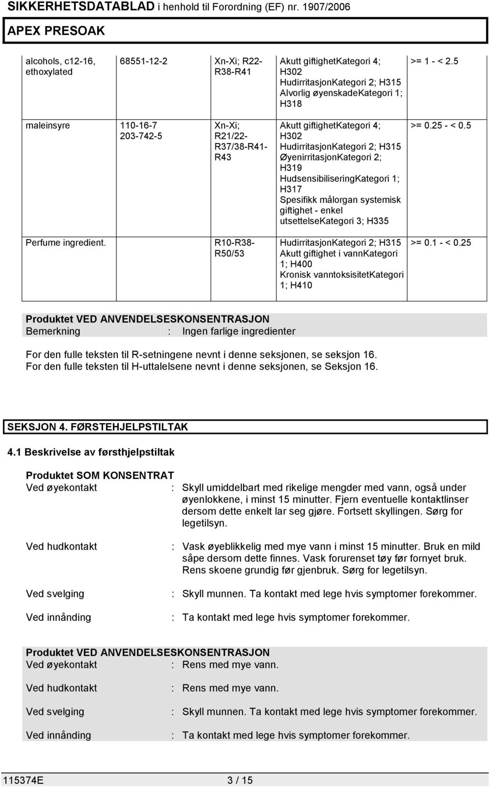 Spesifikk målorgan systemisk giftighet - enkel utsettelsekategori 3; H335 >= 0.25 - < 0.5 Perfume ingredient.