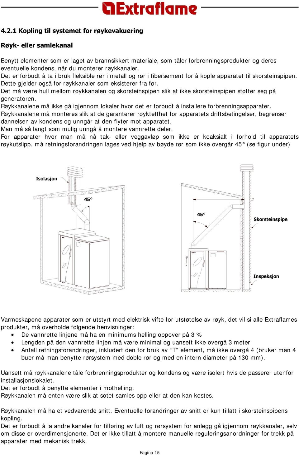 Det må være hull mellom røykkanalen og skorsteinspipen slik at ikke skorsteinspipen støtter seg på generatoren.