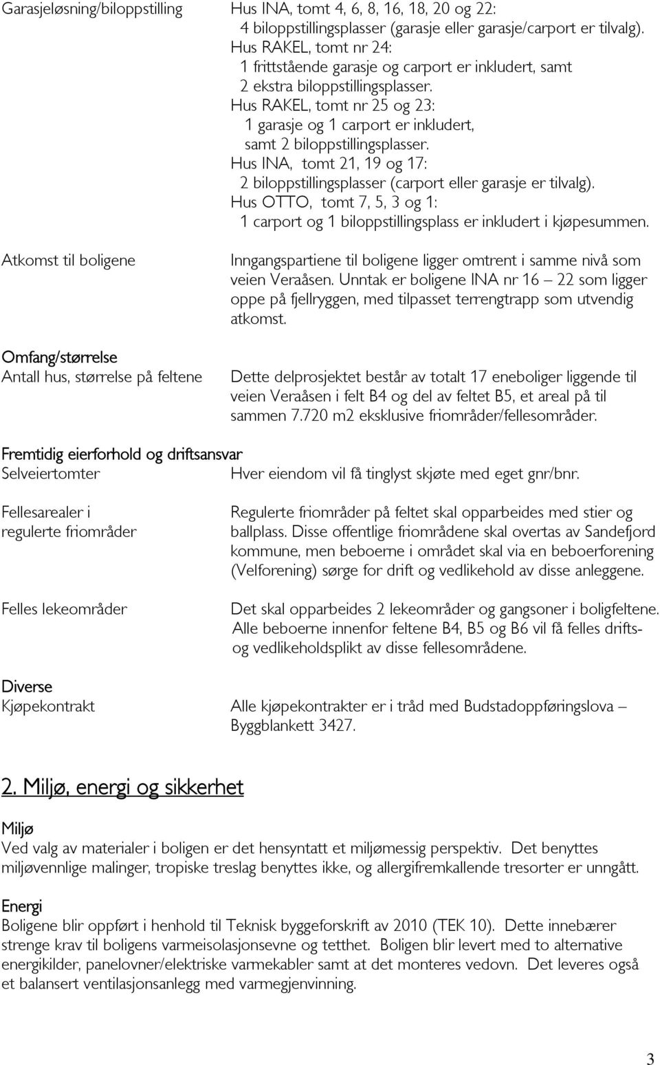 Hus RAKEL, tomt nr 25 og 23: 1 garasje og 1 carport er inkludert, samt 2 biloppstillingsplasser. Hus INA, tomt 21, 19 og 17: 2 biloppstillingsplasser (carport eller garasje er tilvalg).