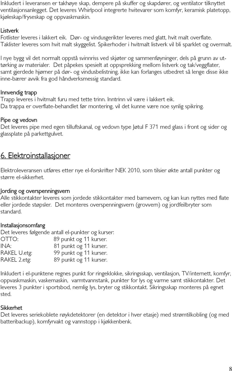 Dør- og vindusgerikter leveres med glatt, hvit malt overflate. Taklister leveres som hvit malt skyggelist. Spikerhoder i hvitmalt listverk vil bli sparklet og overmalt.