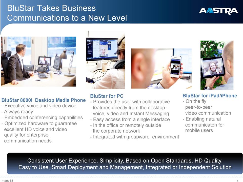 Messaging - Easy access from a single interface - In the office or remotely outside the corporate network - Integrated with groupware environment BluStar for ipad/iphone - On the fly peer-to-peer