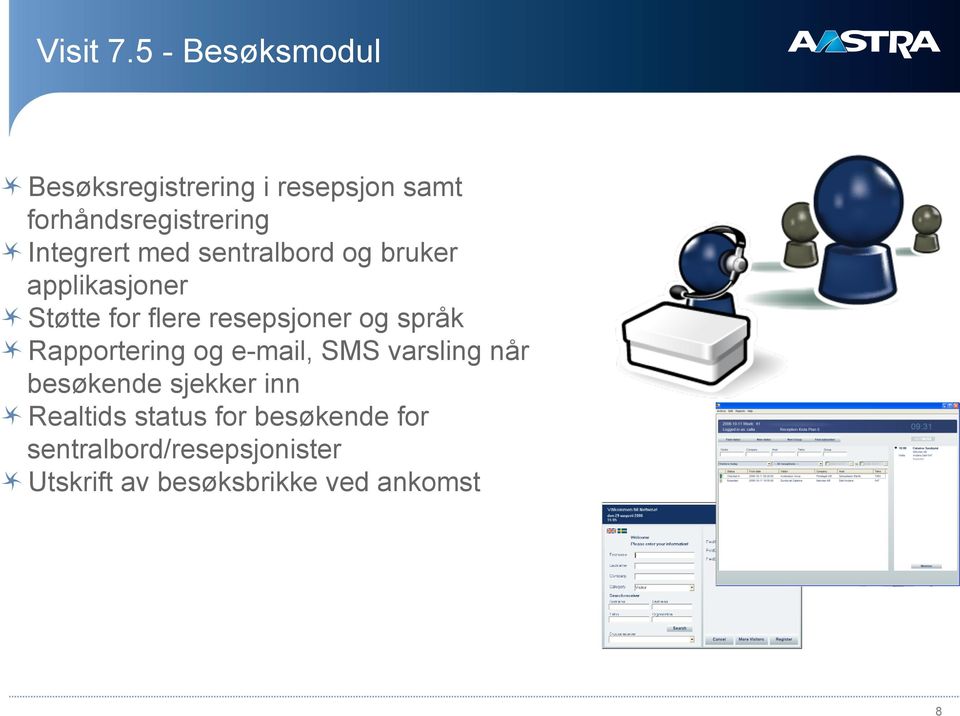 Integrert med sentralbord og bruker applikasjoner " Støtte for flere resepsjoner og