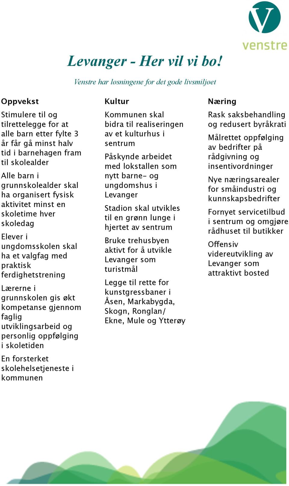 grunnskolealder skal ha organisert fysisk aktivitet minst en skoletime hver skoledag Elever i ungdomsskolen skal ha et valgfag med praktisk ferdighetstrening Lærerne i grunnskolen gis økt kompetanse