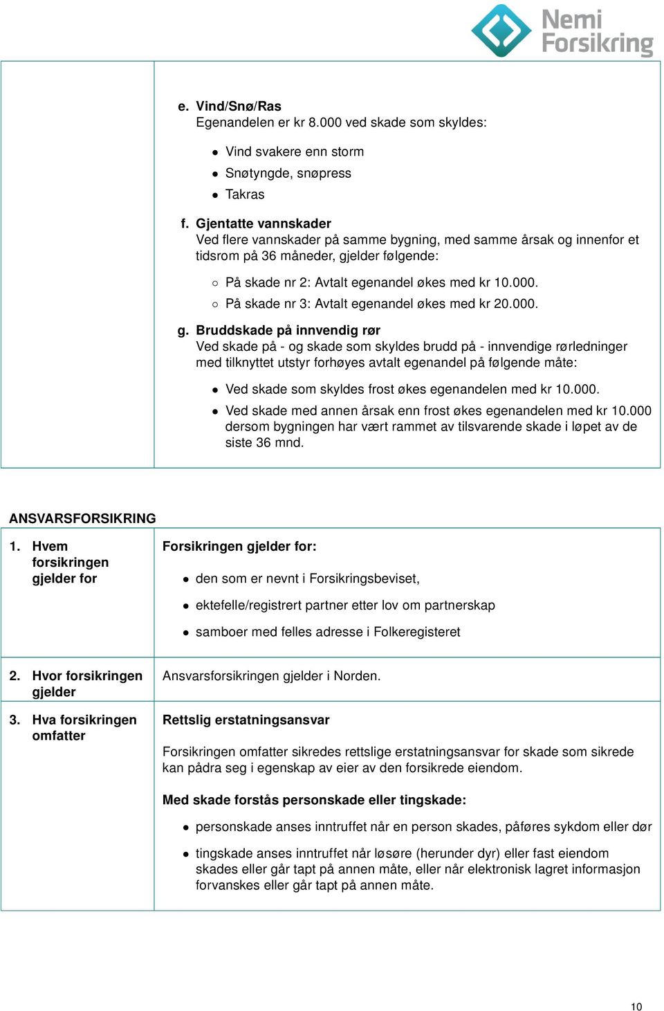 På skade nr 3: Avtalt egenandel økes med kr 20.000. g.