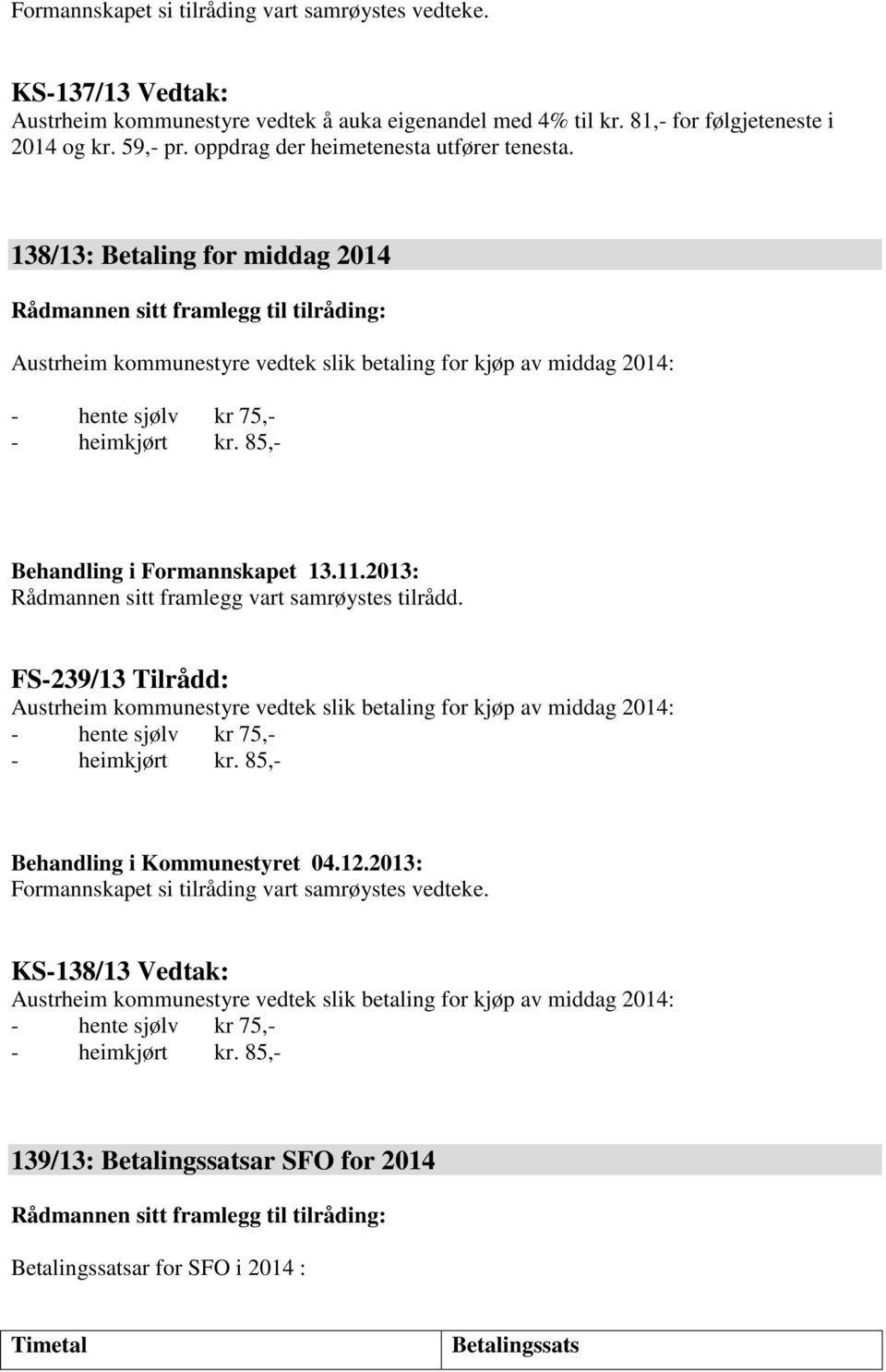 85,- Behandling i Formannskapet 13.11.2013: Rådmannen sitt framlegg vart samrøystes tilrådd.