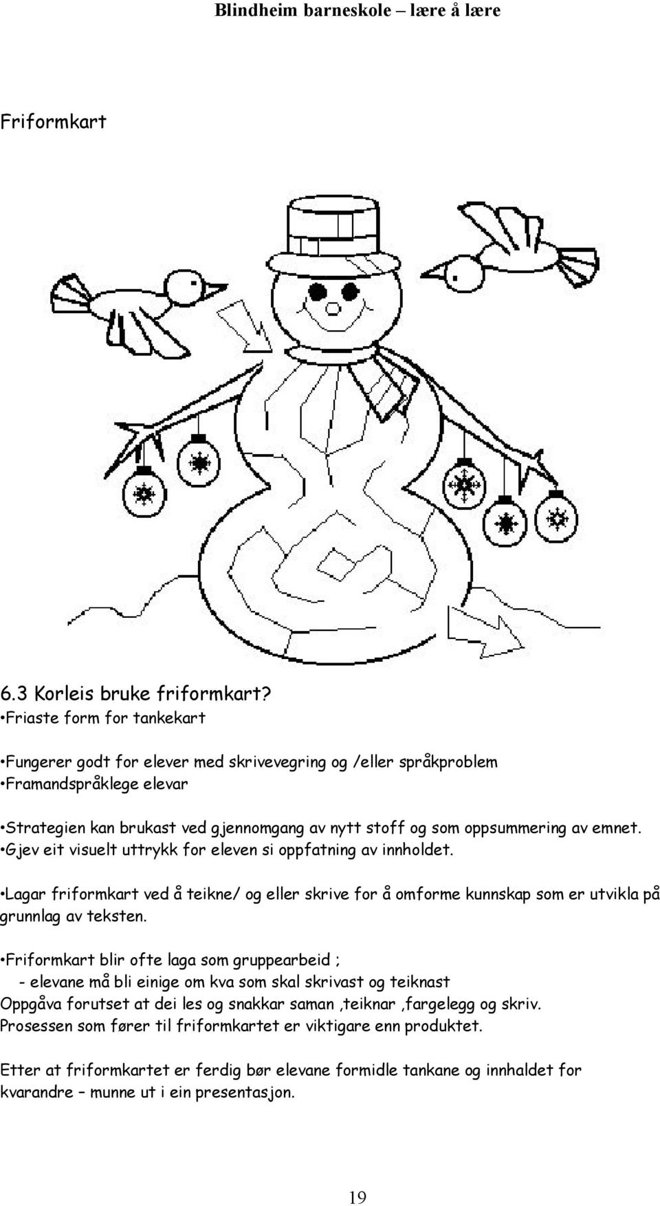 emnet. Gjev eit visuelt uttrykk for eleven si oppfatning av innholdet. Lagar friformkart ved å teikne/ og eller skrive for å omforme kunnskap som er utvikla på grunnlag av teksten.