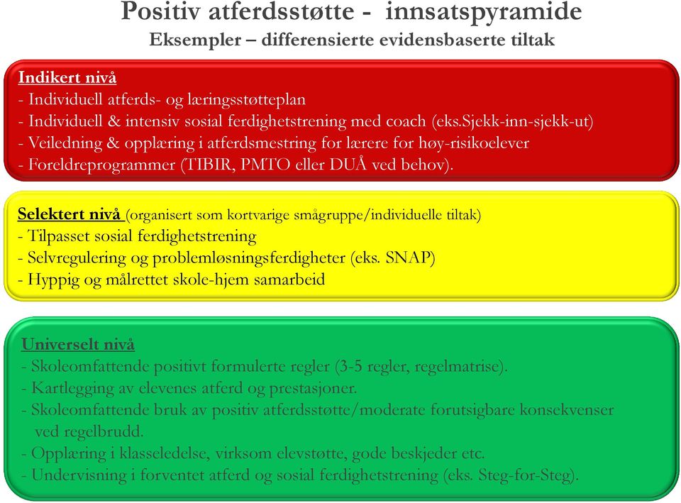 Selektert nivå (organisert som kortvarige smågruppe/individuelle tiltak) - Tilpasset sosial ferdighetstrening - Selvregulering og problemløsningsferdigheter (eks.