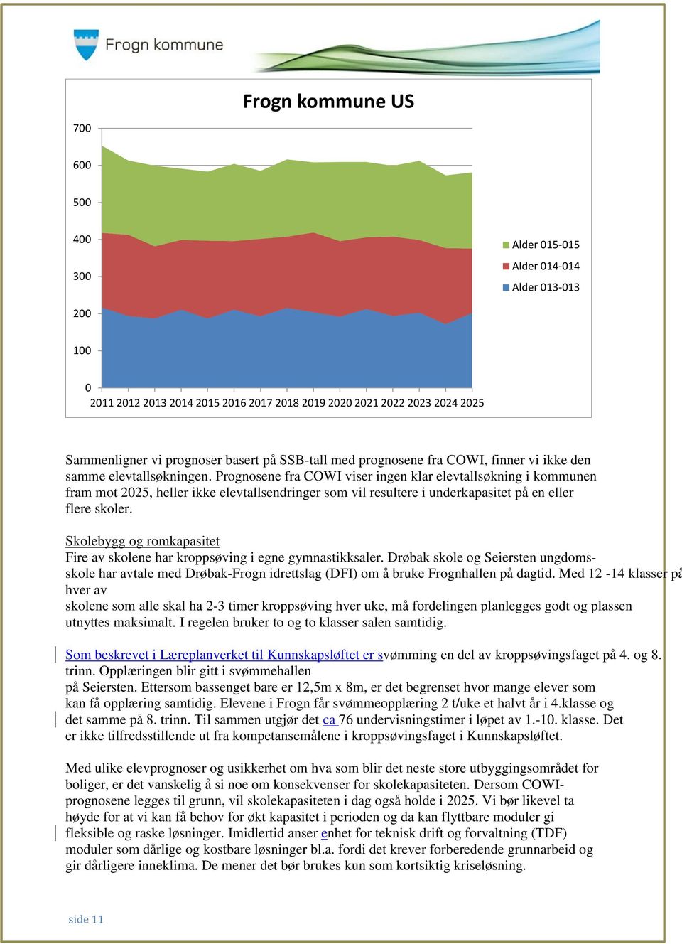 Prognosene fra COWI viser ingen klar elevtallsøkning i kommunen fram mot 2025, heller ikke elevtallsendringer som vil resultere i underkapasitet på en eller flere skoler.