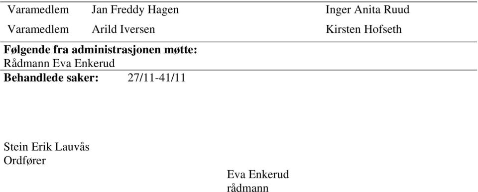 administrasjonen møtte: Rådmann Eva Enkerud Behandlede