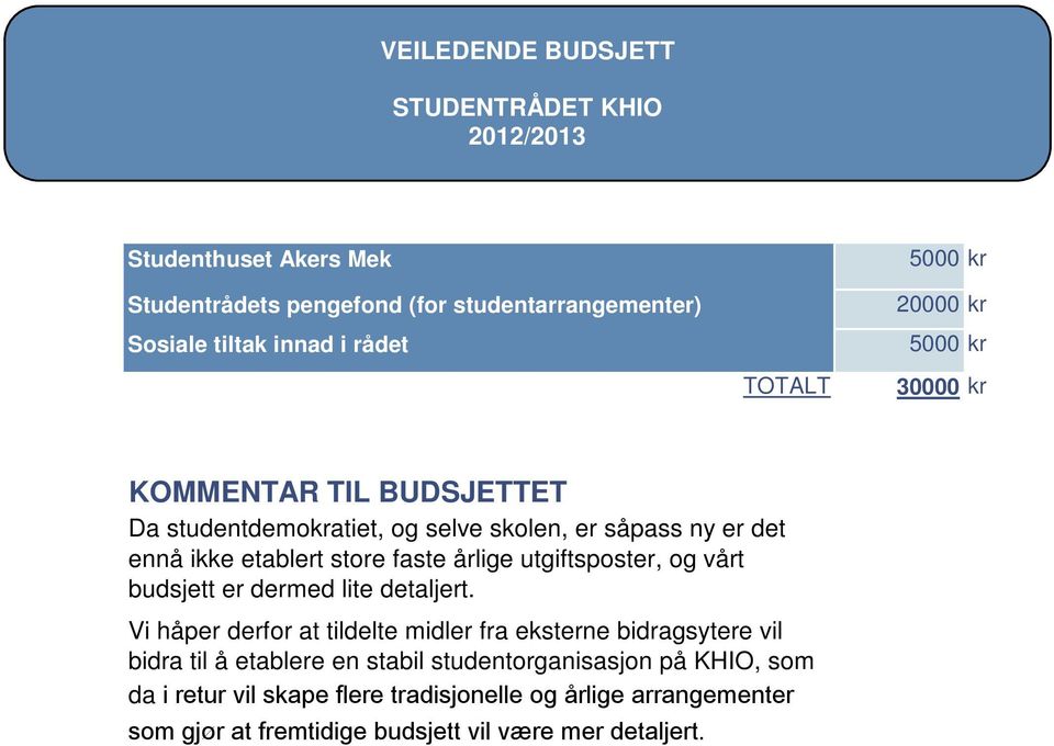 årlige utgiftsposter, og vårt budsjett er dermed lite detaljert.