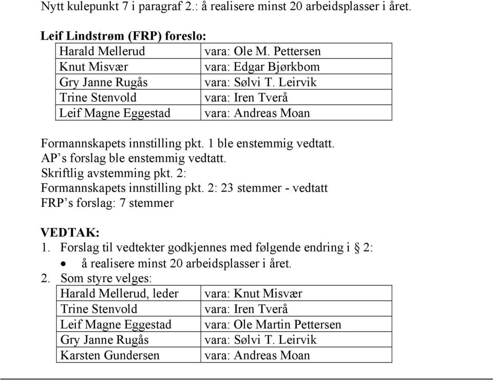 1 ble enstemmig vedtatt. AP s forslag ble enstemmig vedtatt. Skriftlig avstemming pkt. 2: Formannskapets innstilling pkt. 2: 23 stemmer - vedtatt FRP s forslag: 7 stemmer VEDTAK: 1.