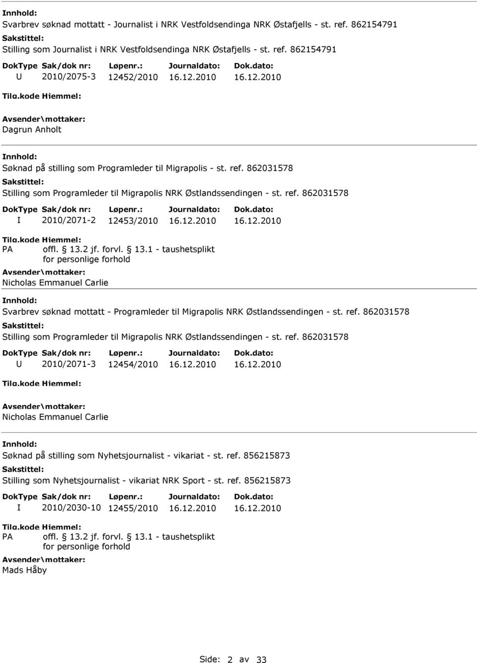 862031578 2010/2071-2 12453/2010 Nicholas Emmanuel Carlie Svarbrev søknad mottatt - Programleder til Migrapolis NRK Østlandssendingen - st.