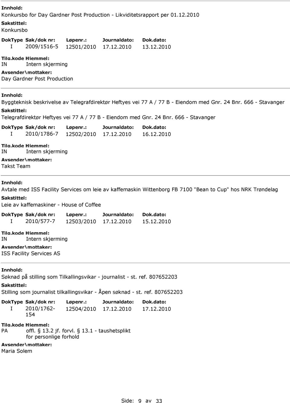 666 - Stavanger N 2010/1786-7 12502/2010 ntern skjerming Takst Team Avtale med SS Facility Services om leie av kaffemaskin Wittenborg FB 7100 "Bean to Cup" hos NRK Trøndelag Leie av kaffemaskiner -