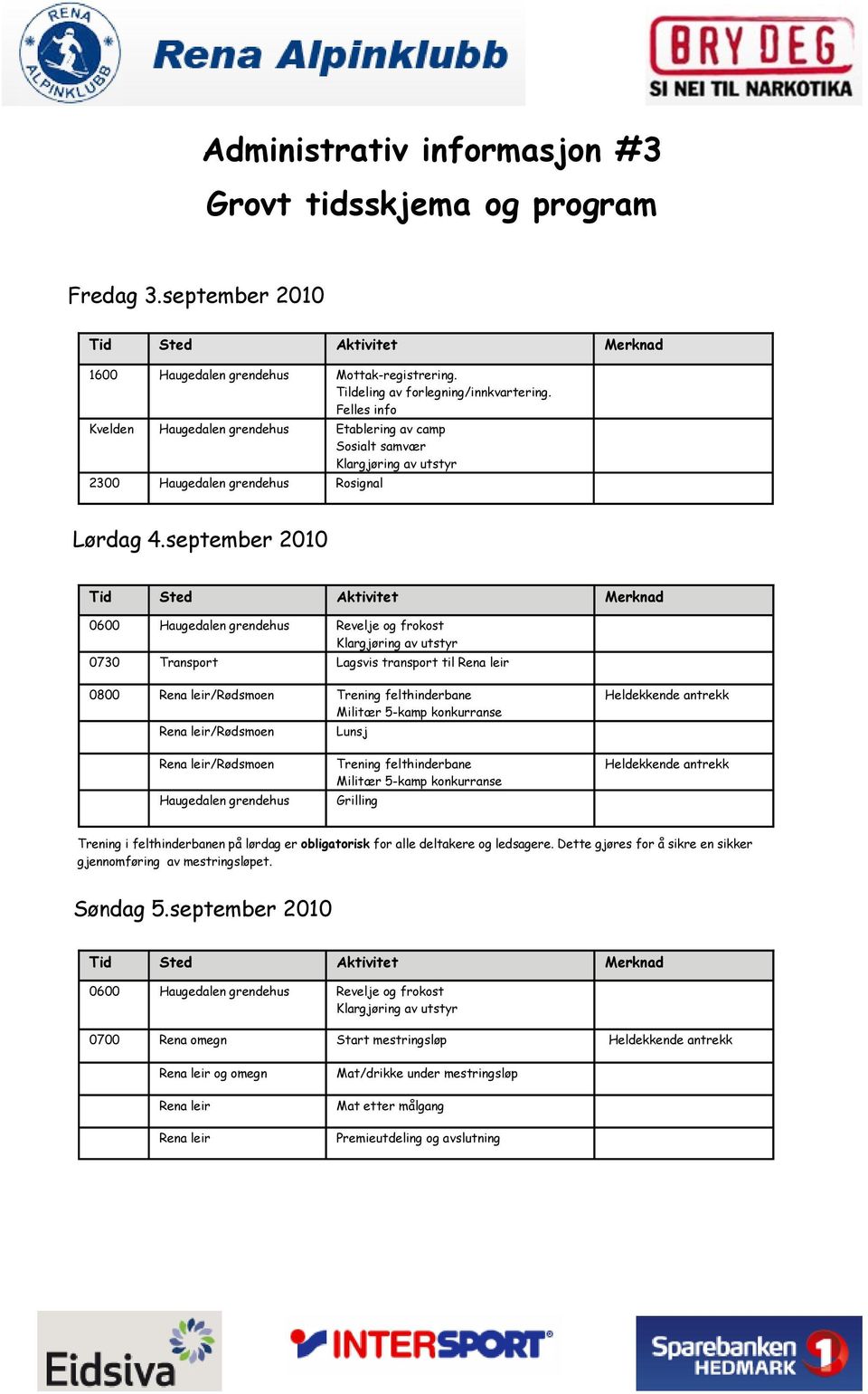 september 2010 Tid Sted Aktivitet Merknad 0600 Haugedalen grendehus Revelje og frokost Klargjøring av utstyr 0730 Transport Lagsvis transport til Rena leir 0800 Rena leir/rødsmoen Trening