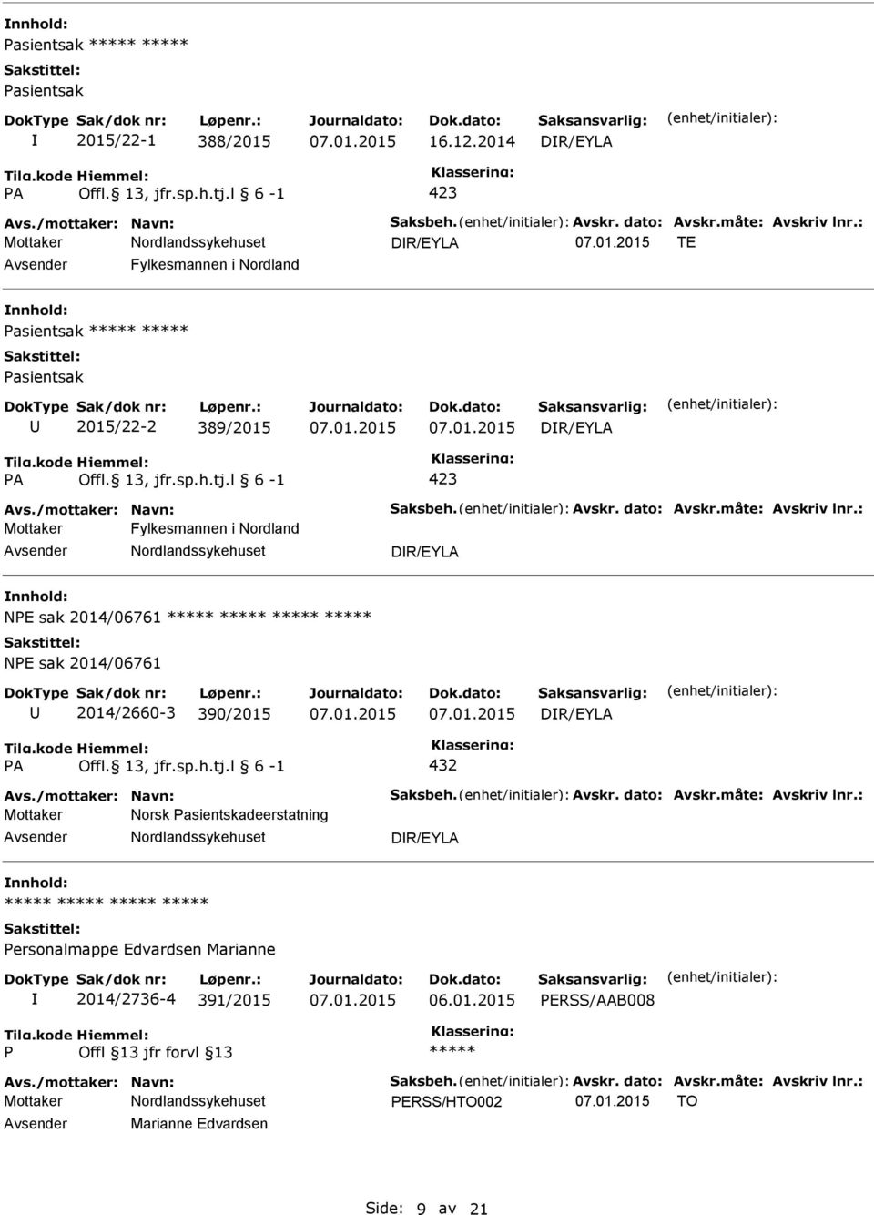 : Mottaker Fylkesmannen i Nordland Avsender Nordlandssykehuset DR/EYLA nnhold: NE sak 2014/06761 NE sak 2014/06761 U 2014/2660-3 390/2015 DR/EYLA A 432 Avs./mottaker: Navn: Saksbeh. Avskr.