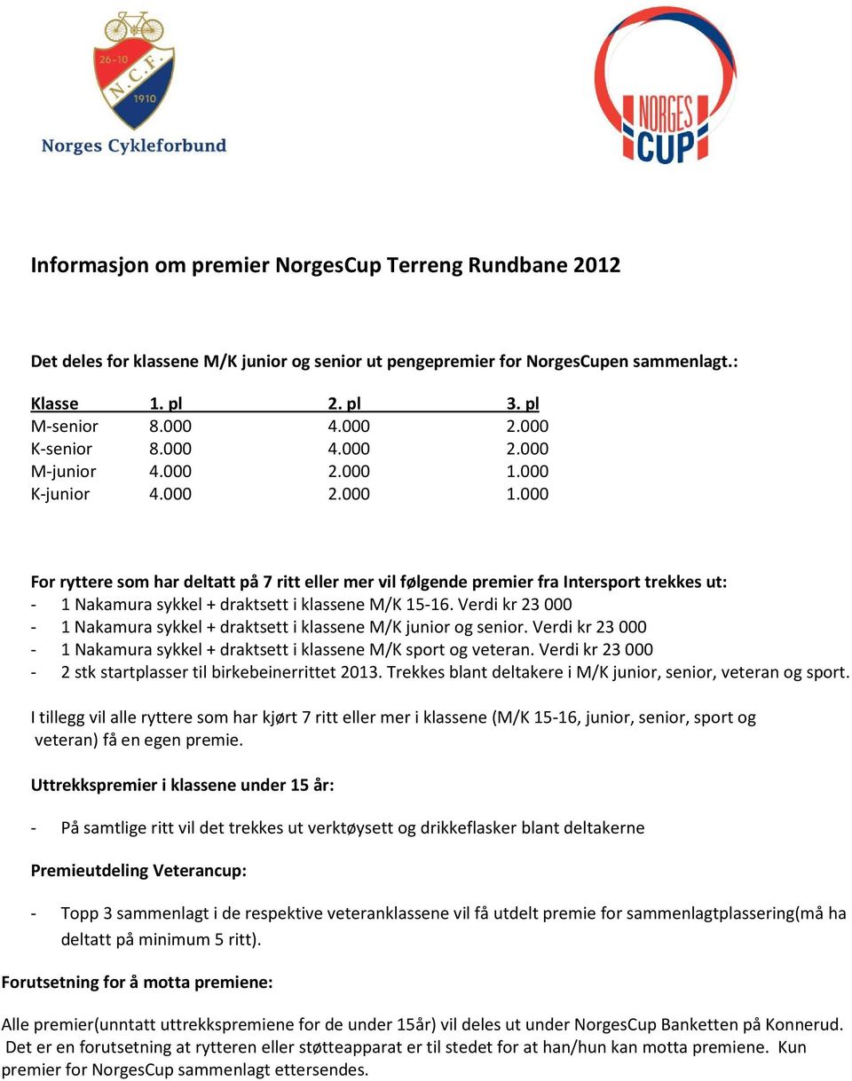 000 K-junior 4.000 2.000 1.000 For ryttere som har deltatt på 7 ritt eller mer vil følgende premier fra Intersport trekkes ut: - 1 Nakamura sykkel + draktsett i klassene M/K 15-16.