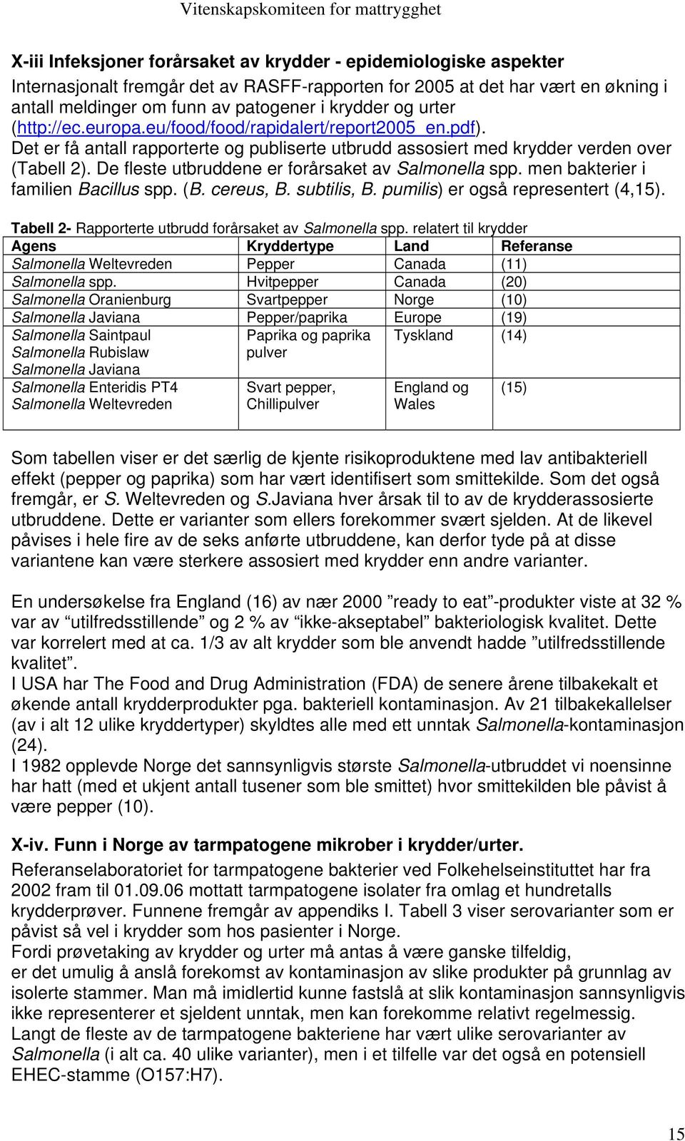 De fleste utbruddene er forårsaket av Salmonella spp. men bakterier i familien Bacillus spp. (B. cereus, B. subtilis, B. pumilis) er også representert (4,15).