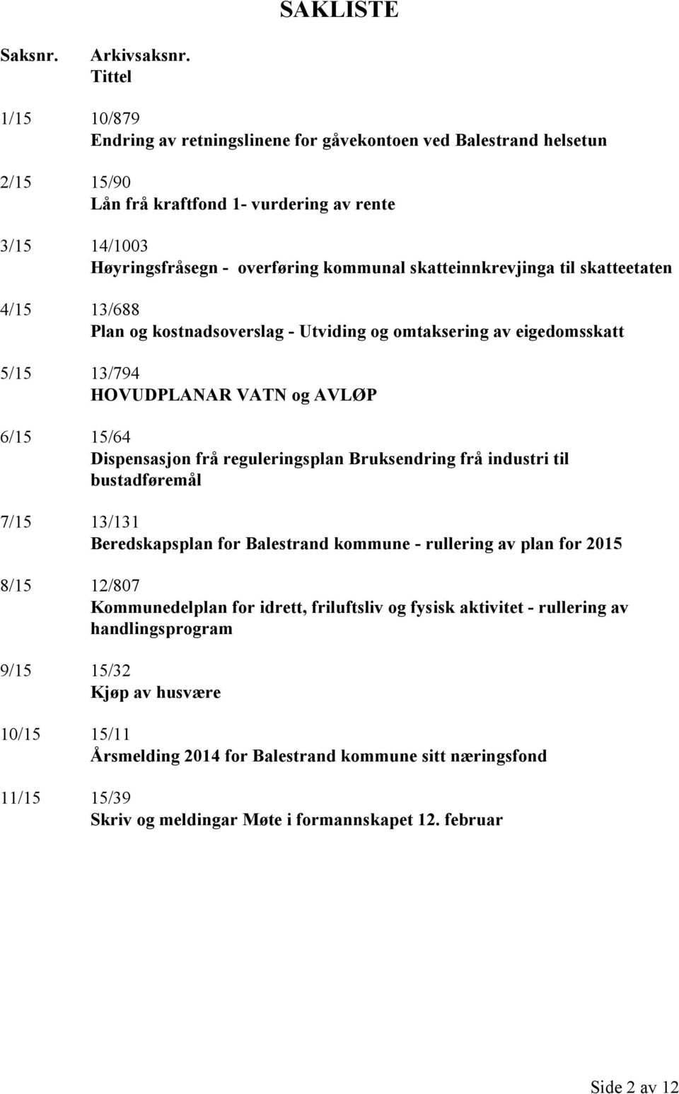 skatteinnkrevjinga til skatteetaten 4/15 13/688 Plan og kostnadsoverslag - Utviding og omtaksering av eigedomsskatt 5/15 13/794 HOVUDPLANAR VATN og AVLØP 6/15 15/64 Dispensasjon frå reguleringsplan