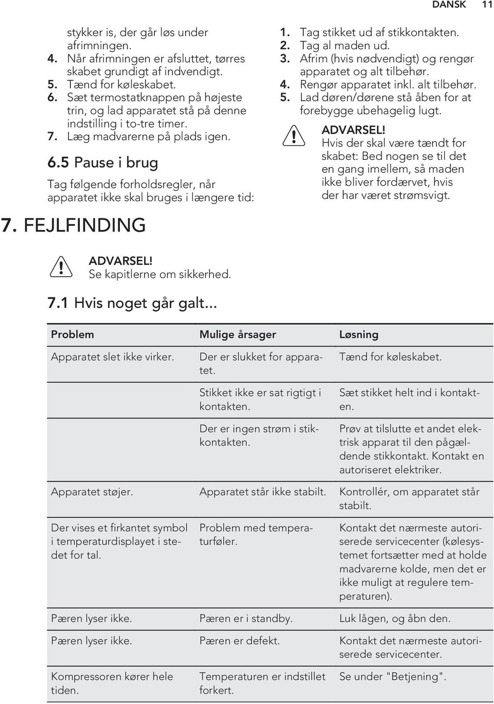 5 Pause i brug Tag følgende forholdsregler, når apparatet ikke skal bruges i længere tid: 7. FEJLFINDING 1. Tag stikket ud af stikkontakten. 2. Tag al maden ud. 3.