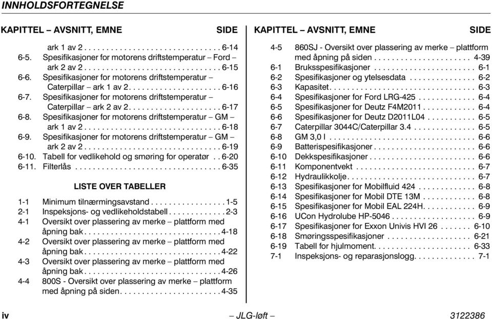 Spesifikasjoner for motorens driftstemperatur GM ark 1 av 2............................... 6-18 6-9. Spesifikasjoner for motorens driftstemperatur GM ark 2 av 2............................... 6-19 6-10.