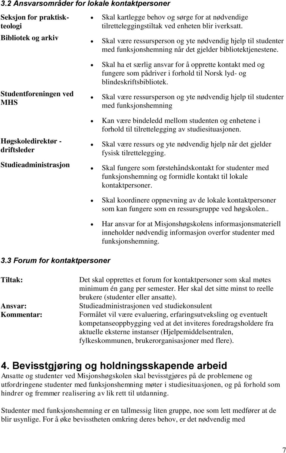 Studentforeningen ved MHS Høgskoledirektør - driftsleder Studieadministrasjon Skal ha et særlig ansvar for å opprette kontakt med og fungere som pådriver i forhold til Norsk lyd- og