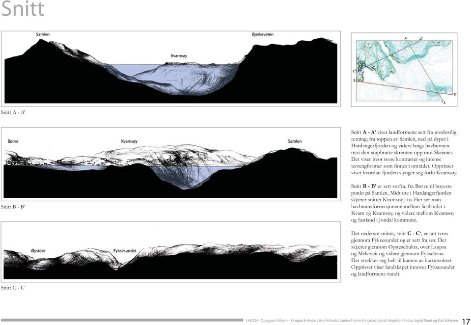 Snitt B - B Snitt B - B er sett sørfra, fra Børve til høyeste punkt på Samlen. Midt ute i Hardangerfjorden skjærer snittet Kvamsøy i to.