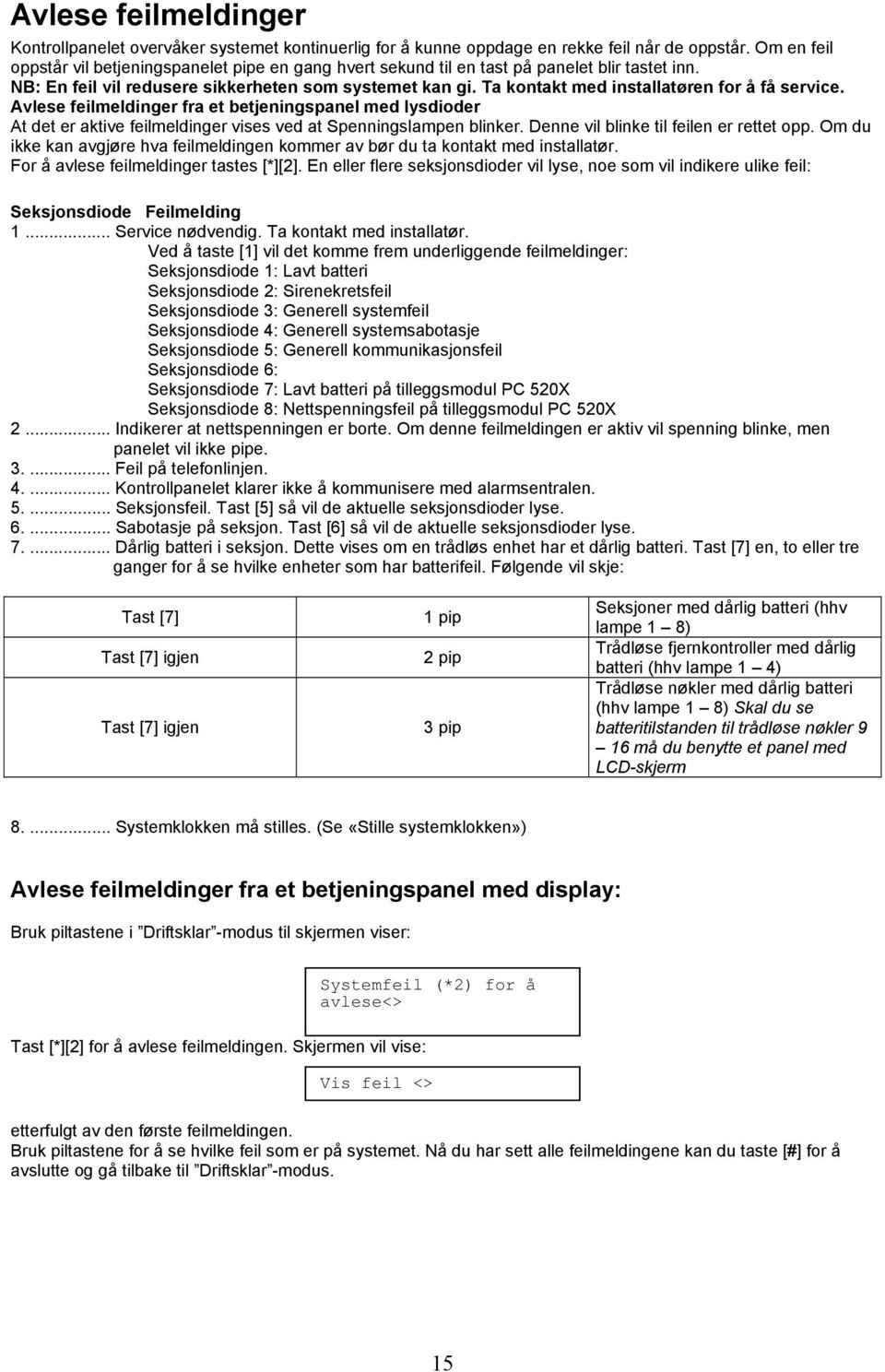 Ta kontakt med installatøren for å få service. Avlese feilmeldinger fra et betjeningspanel med lysdioder At det er aktive feilmeldinger vises ved at Spenningslampen blinker.