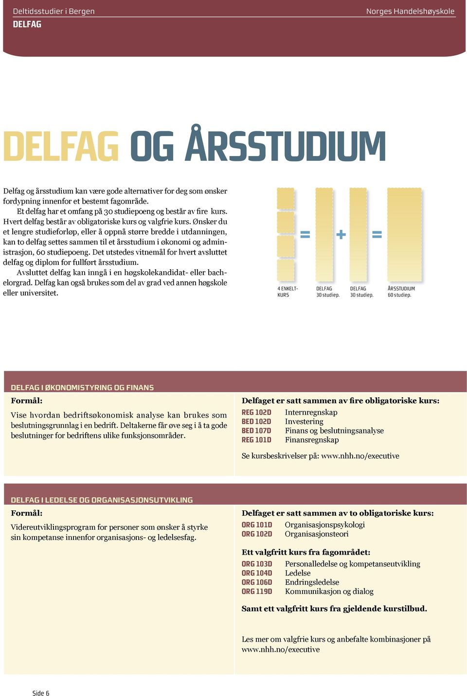 Ønsker du et lengre studieforløp, eller å oppnå større bredde i utdanningen, kan to delfag settes sammen til et årsstudium i økonomi og administrasjon, 60 studiepoeng.