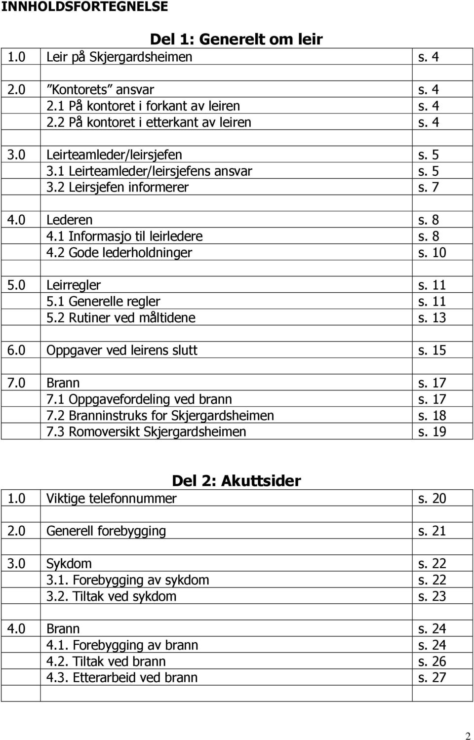 0 Leirregler s. 11 5.1 Generelle regler s. 11 5.2 Rutiner ved måltidene s. 13 6.0 Oppgaver ved leirens slutt s. 15 7.0 Brann s. 17 7.1 Oppgavefordeling ved brann s. 17 7.2 Branninstruks for Skjergardsheimen s.